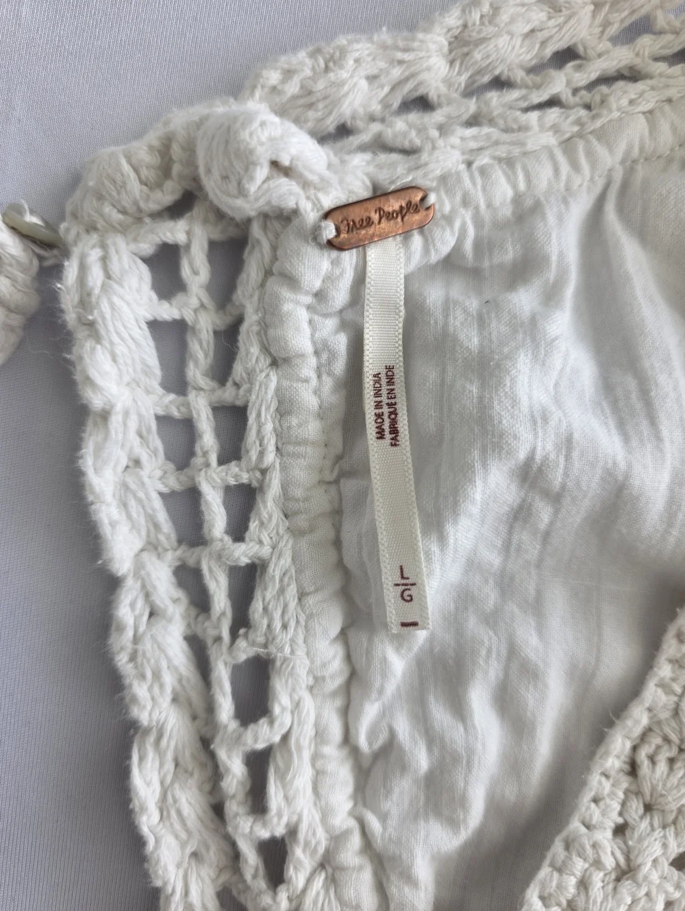 Free People Ivory Crochet Lace Boho Top Open Back Peplum Bell Sleeve Size L